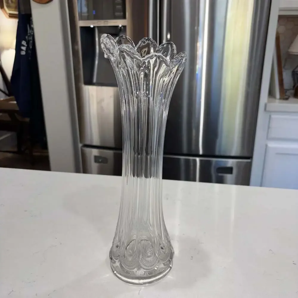 Vintage EAPG Clear Glass Swung Finger Vase with Starburst Base 13”